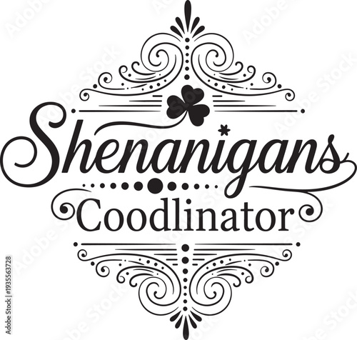Shenanigans Coodlinator logo with shamrock and swirling lines  decorative text design element