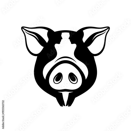 Abstract pig head logo with human profile silhouettes