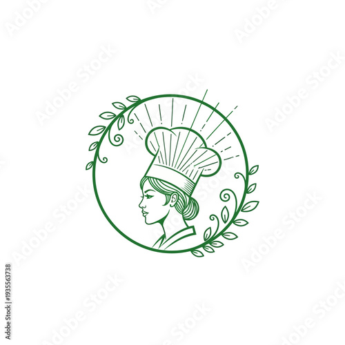 Woman chef profile logo with organic leaves design