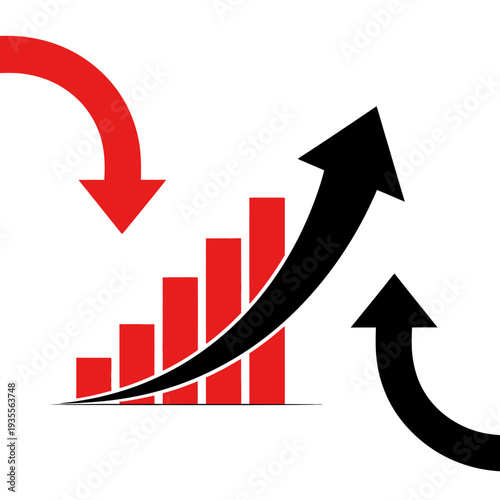 Bar chart with financial growth and decline arrows