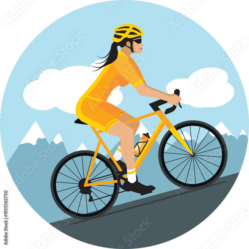 Female cyclist climbing a mountain pass. Hand-drawn vector illustration. Flat design in yellow.