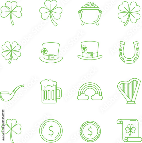 St Patricks Day icons set with shamrocks leprechaun hat pot of gold horseshoe pipe beer rainbow harp coins and scroll  symbols of Irish luck and culture