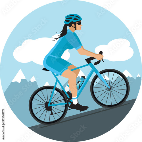 Female cyclist climbing a mountain pass. Hand-drawn vector illustration. Flat design in blue.