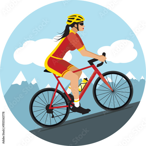 Female cyclist climbing a mountain pass. Hand-drawn vector illustration. Flat design in red and yellow.