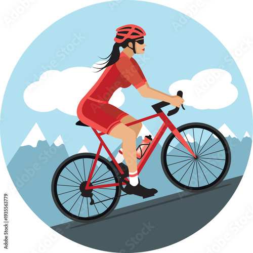 Female cyclist climbing a mountain pass. Hand-drawn vector illustration. Flat design in red.