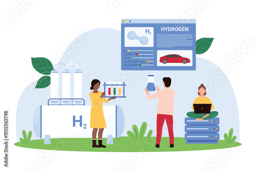 Vector illustration of tiny people researching developing hydrogen technology for sustainable energy, highlighting scientific innovation, renewable energy solutions, and environmental sustainability.