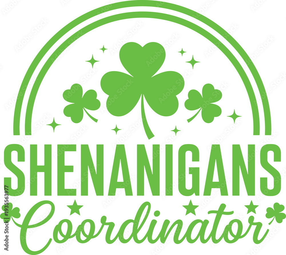 Fototapeta premium Green shenanigans coordinator badge with shamrocks and rainbow for St Patricks Day party or event decoration fun and festive design element