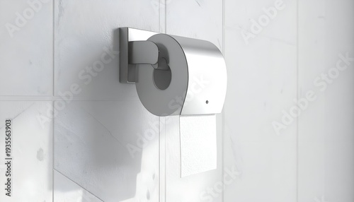 Close-up of a silver, modern toilet paper holder mounted on white tiled bathroom wall