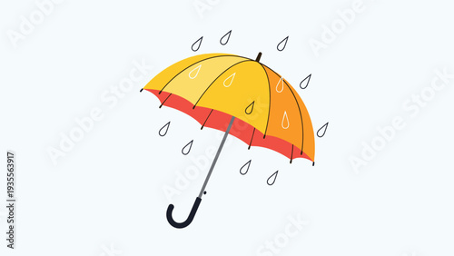 Bright yellow umbrella with a red interior being hit by blue raindrops, symbolizing protection from the elements in a vector illustration.