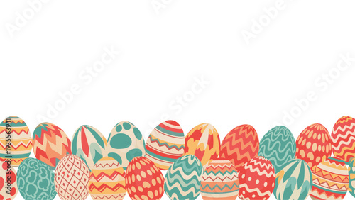 Colorful border of various decorated Easter eggs with different patterns and designs arranged in a line at the bottom of the frame.