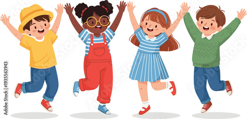 Set of four happy diverse children jumping and cheering, joyful childhood cartoon vector illustration