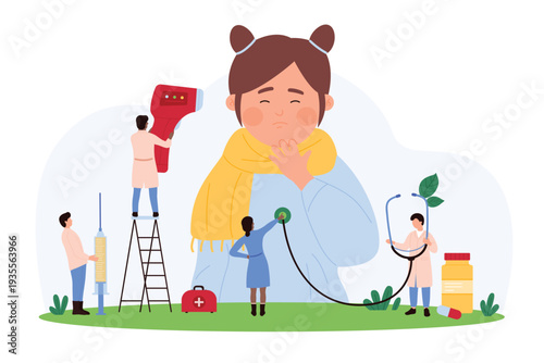 Vector illustration of tiny people providing medical care to a sick child, focusing on health care, pediatric treatment, and flu symptoms management in a healthcare environment.