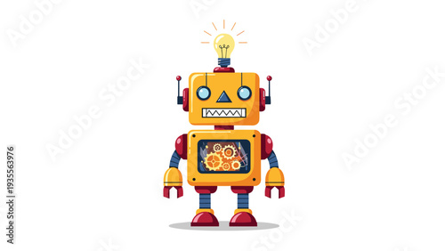 Yellow robot character with a glowing lightbulb on its head symbolizing a great idea or innovation, featuring mechanical gears on its torso.