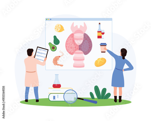 Tiny people analyzing the impact of healthy and unhealthy foods on thyroid gland, focusing on dietary choices, nutrition, and endocrine health vector illustration.