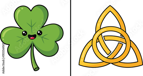 Clover leaf with smiling face and celtic knot symbol on white background for st patricks day designs  irish culture icons