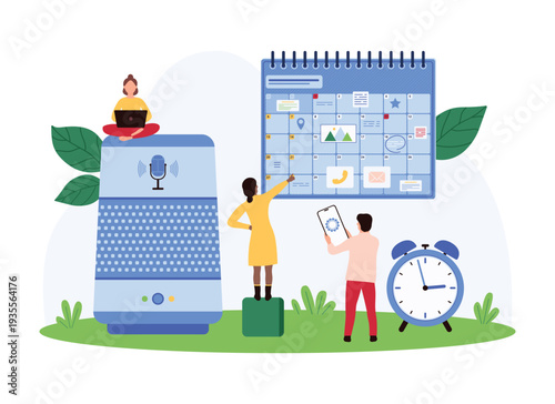 Vector illustration of tiny people organizing and planning using a voice assistant, highlighting smart technology, productivity, and digital scheduling in a tech-savvy setting.