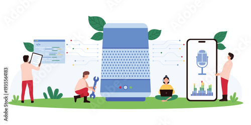 Vector illustration of tiny people using a voice assistant, representing smart technology, AI integration, and hands-free communication in a modern digital environment.