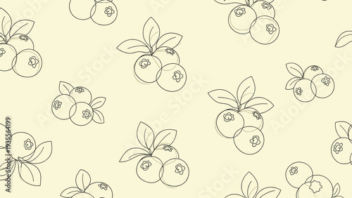 Simple seamless pattern of blueberry clusters shown in fine black line art on a light cream background, ideal for elegant designs.