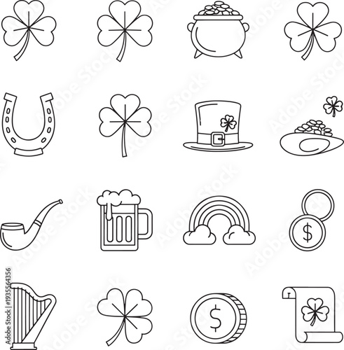 St patricks day icons including clover four leaf clover pot of gold horseshoe harp rainbow beer mug  various irish symbols
