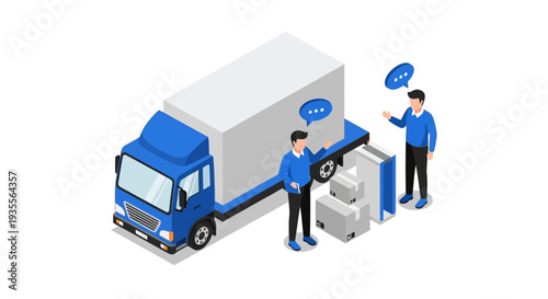 Isometric illustration of two delivery workers interacting beside a blue and white truck with a package on a clean white background.