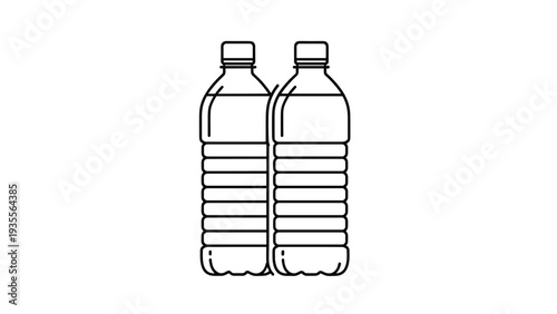 Black and white line art illustration of two plastic water bottles standing side by side, perfect for icons on hydration.