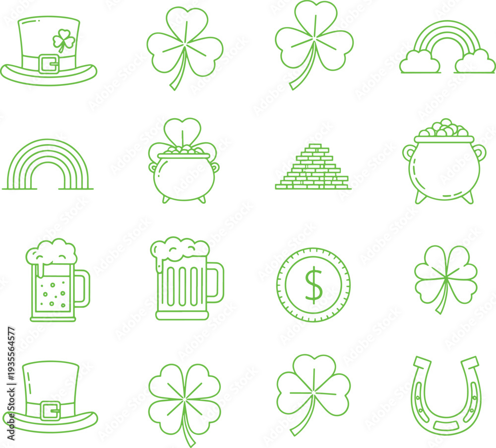 Obraz premium St Patricks Day icons set with shamrocks rainbow hat beer and coins symbols of good luck and celebration