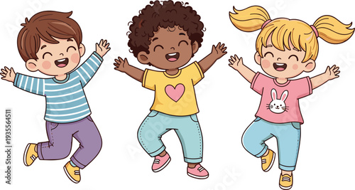 Set of three happy diverse children jumping and cheering, joyful childhood cartoon vector illustration