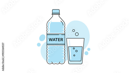 Refreshing illustration of a clear water bottle next to a glass filled with water and rising bubbles, promoting health and hydration.