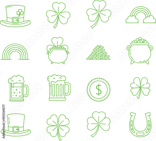 St Patricks Day icons set with shamrocks rainbow hat beer and coins  symbols of good luck and celebration