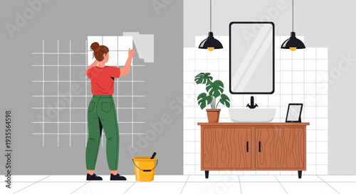 A woman applying wallpaper in a bathroom with a modern interior design
