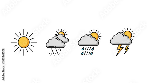 Set of four weather icons representing sunny, light rain, heavy rain, and thunderstorms with sun and cloud elements in vector style.