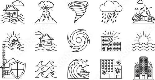 Collection of 15 black-and-white icons depicting natural disasters and environmental hazards including floods, hurricanes, earthquakes, and storms for emergency preparedness, 