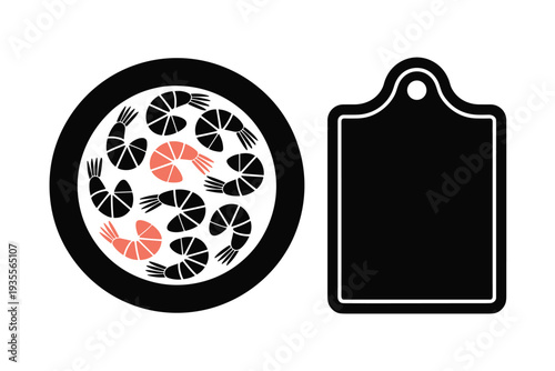 Shrimp plate with blank label for restaurant menu or recipe design