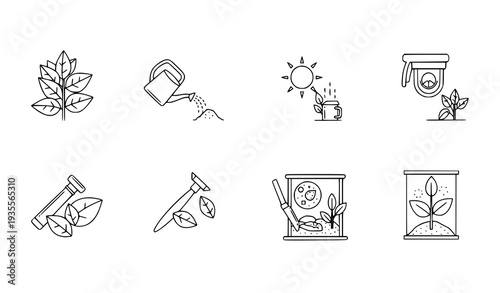 A set of minimalist line art icons depicting various gardening and plant care activities