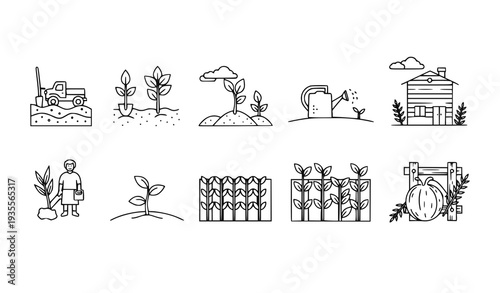 A set of minimalist line art illustrations depicting various gardening and farming icons