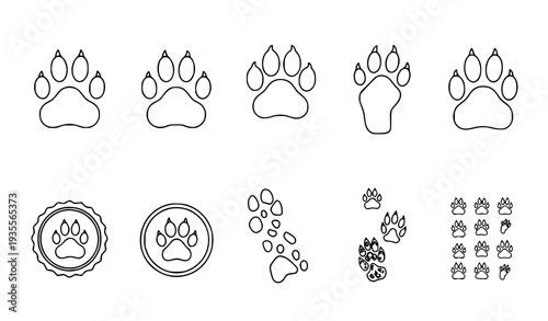 A set of minimalist animal paw print icons in a simple line art style
