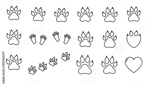 A set of minimalist animal paw prints and a heart in a simple line art style