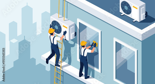 Isometric view of two technicians installing air conditioning units on a building exterior with cityscape background.