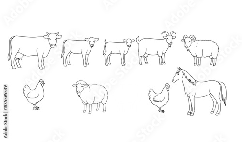 A minimalist line art illustration of various farm animals including cows, goats, sheep, horses, and chickens in a simple vector graphic design.