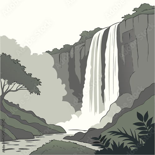 Wide waterfall with mist haze on cliff river