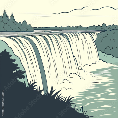 Wide waterfall pouring evenly realistic water she river