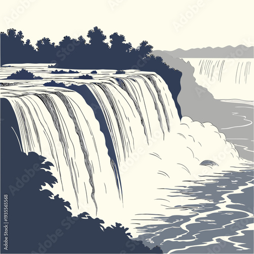 Wide waterfall pouring evenly realistic water blue