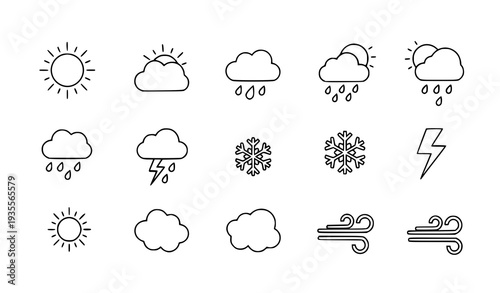 A set of weather icons in a minimalist line art style, featuring various cloud and sun symbols.