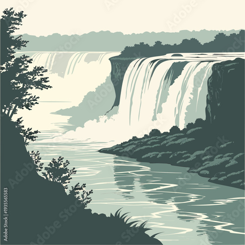 Cliff waterfall with atmospheric mist layer smooth green hues