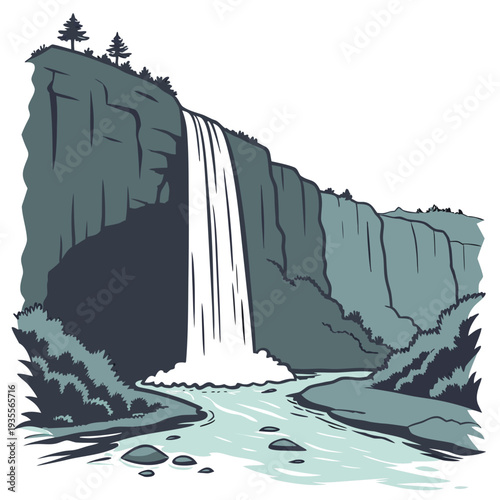 Tall waterfall with narrow stream and rocky cliff rocks 1