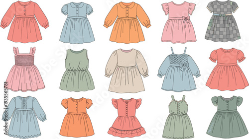 Collection of colorful children’s dresses in diverse styles, showcasing fashion variety with lace, bows, pleats, smocking, puffed sleeves, sleeveless cuts, and embellishments