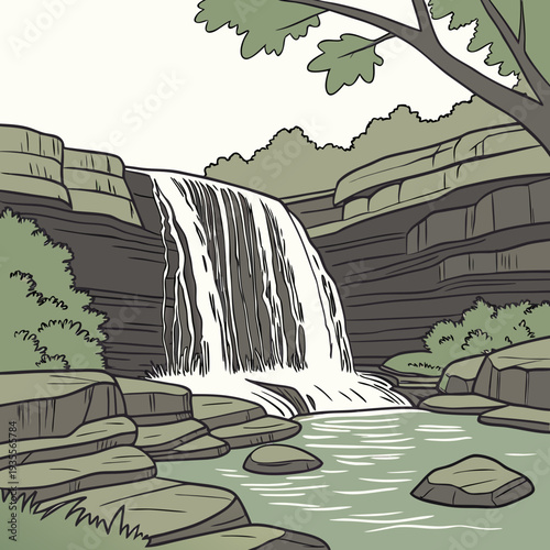 Waterfall on rocky cliff with layered streams and greenery