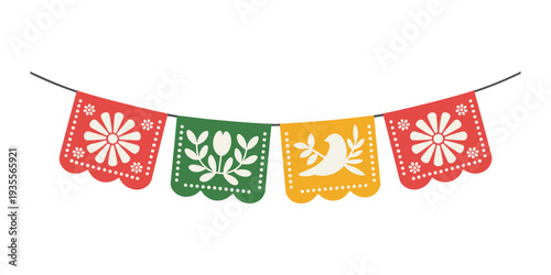 Colorful paper banners with floral patterns and bird hanging on a string colorful flags vector illustration isolated on white background.