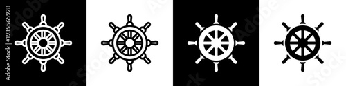 Ship Wheel Icon In Black And White Filled Style.