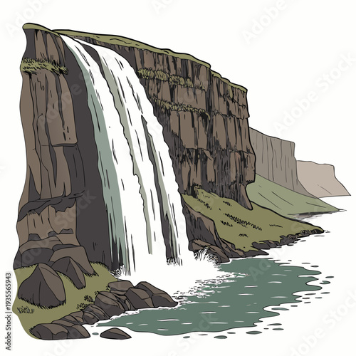 Steep cliff waterfall with layered rock face and green water